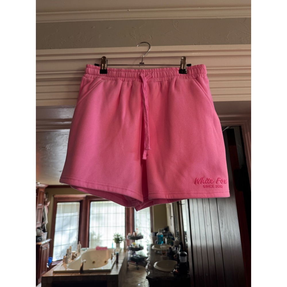 White Fox Boutique Pink Sweat Shorts Embroidered Lounge Athleisure Womens